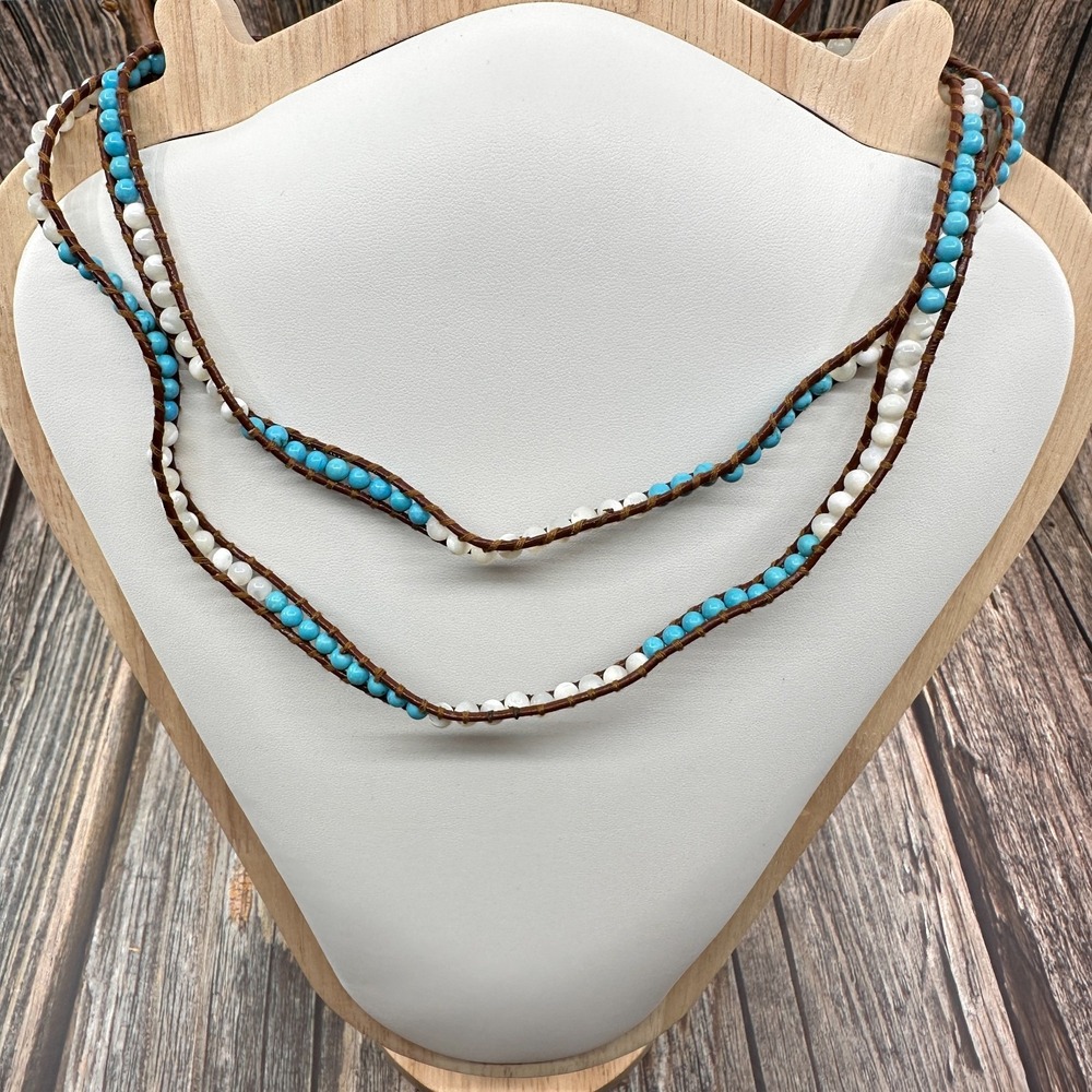 Victoria Emerson Turquoise Tone White Beaded Leather Wrap Necklace Boho Festival
